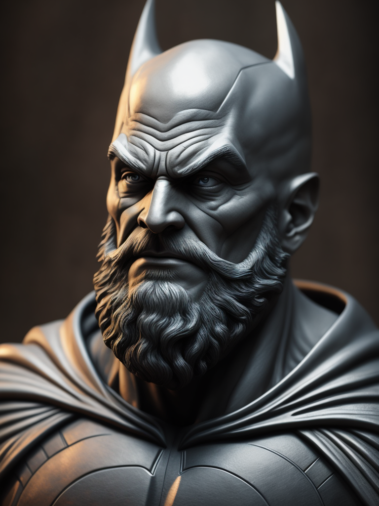 batman bust, with big beard, in marble statue style, dramatic lighting