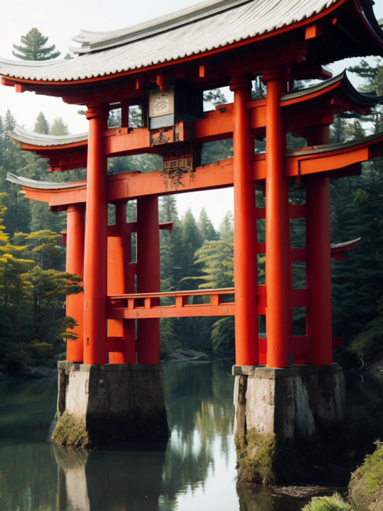 Red torii gate in middle of a lake, Dense forest on the edge of the lake, Bright and saturated colors, Japanese culture, photorealistic, contrast light