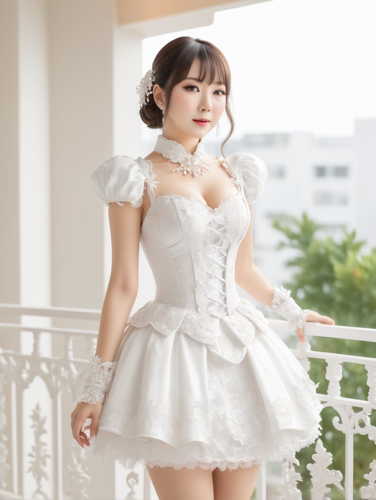 Tanaka hitomi wearing fancy dress, standing by balcony