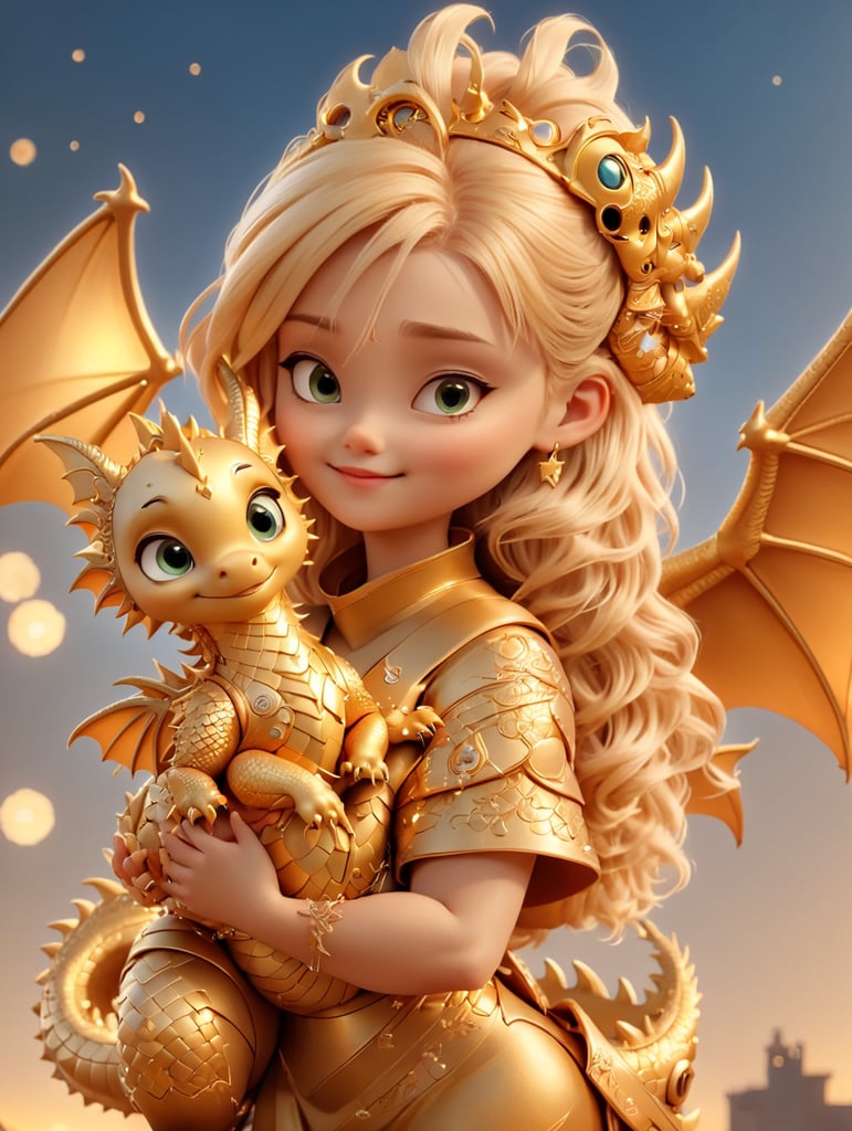 Cute young blonde headed cyberpunk girl holding her golden baby dragon, fantasy, exquisite detail, catch light, low contrast, high sharpness, depth of field, golden hour, ultra detailed photography, shiny stars in the sky