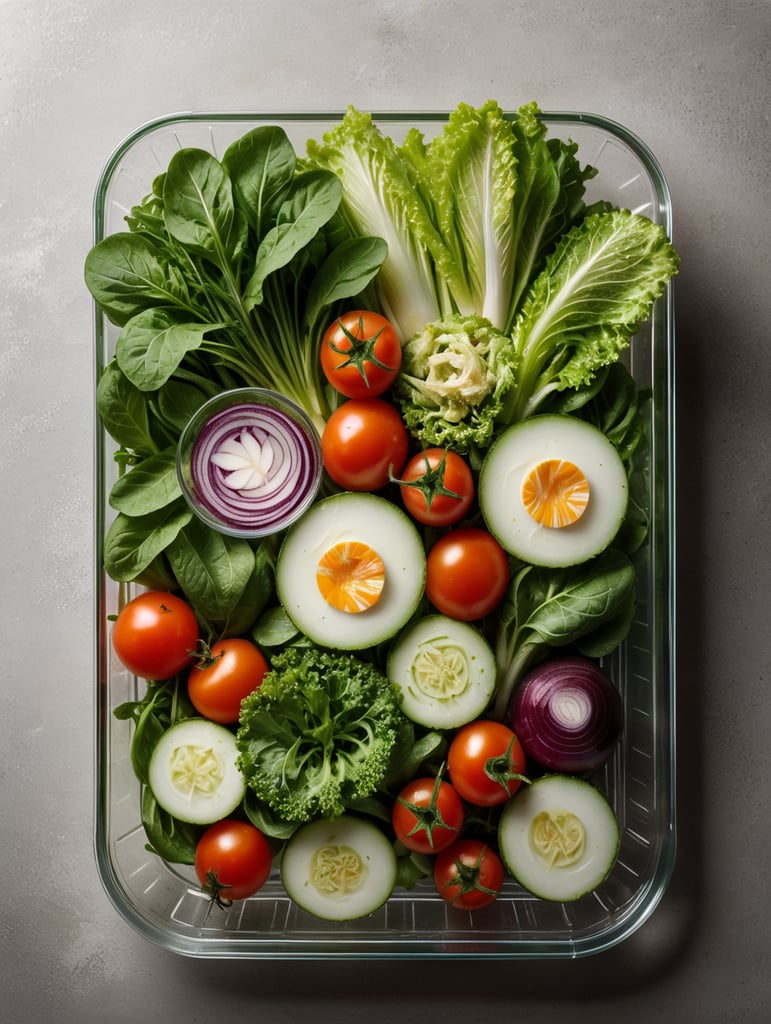 green salad and vegetables in a transparent plastic tray, top view, isolated, mockup