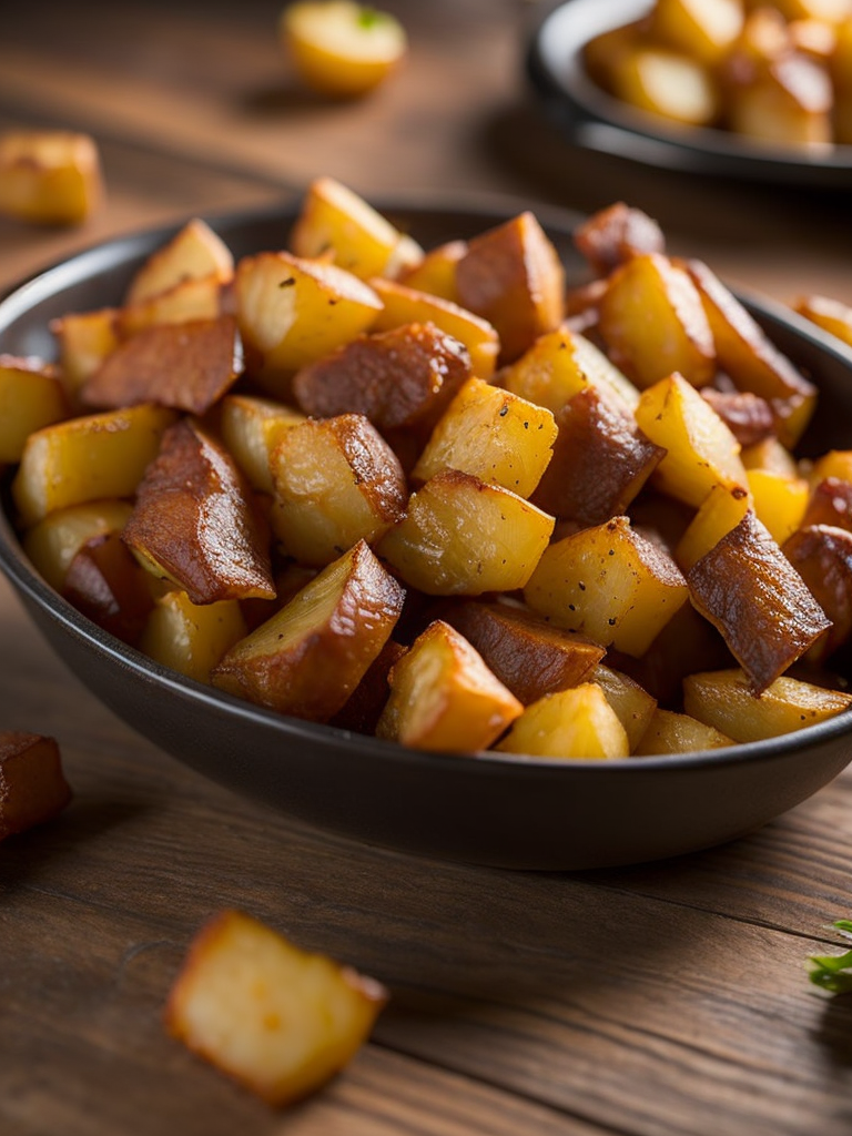 fried potatoes with juicy fried meat on a wooden background