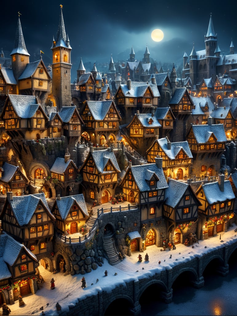 tilt shift photography of a Christmas medieval fantasy miniature city, depth of view, sunny, at night, snowy weather