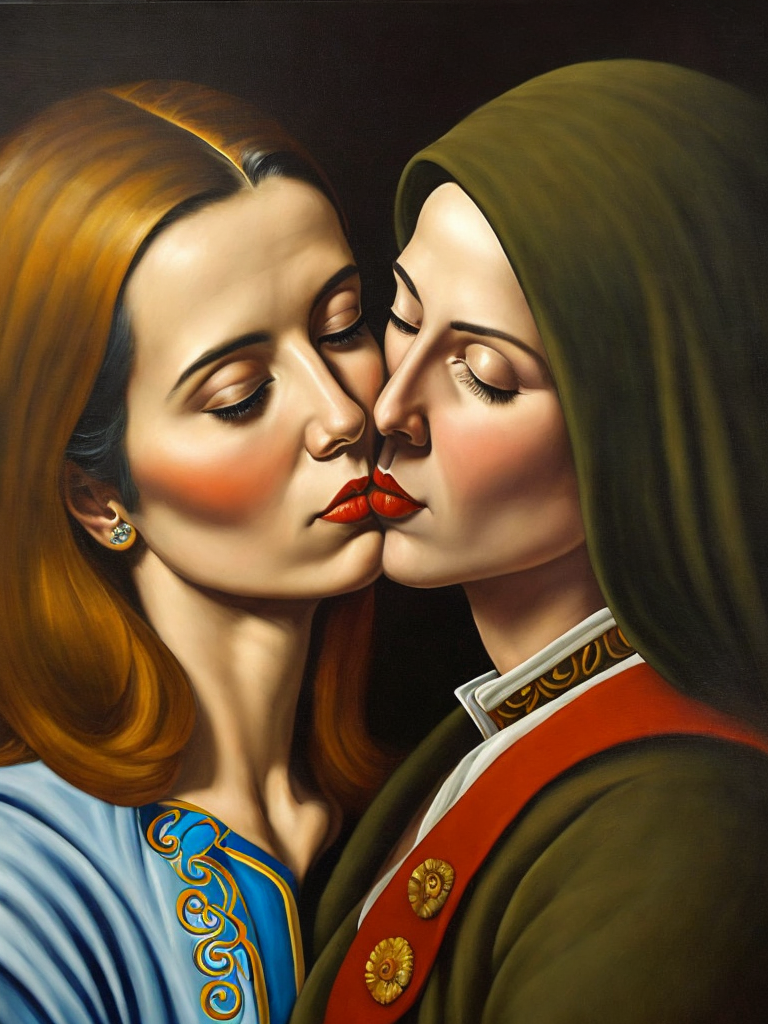a two women kissing, style of Catherine Nolin, Painting, Acrylic, Oil, Portrait, Interior, USA