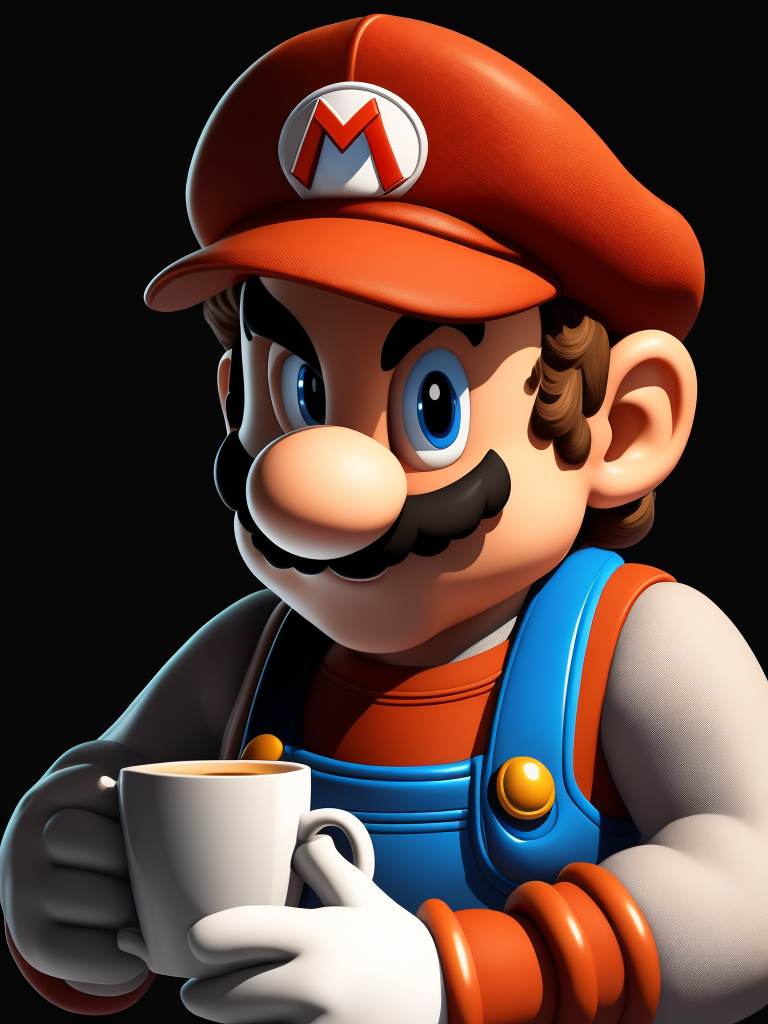 Mario drinking coffee, black background, illustration