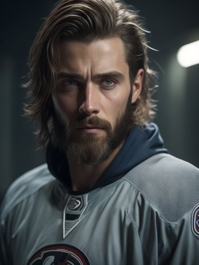 portrait of an ice hockey player Pavel Bure with beard, hockey uniform, in front of the ice hockey rink, sharp focus, Dramatic Lighting, Depth of field, Incredibly high detailed, blurred background