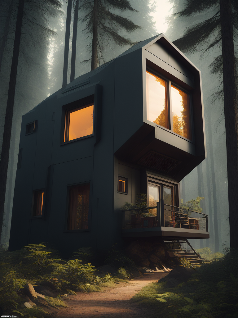 A photo of futuristic module one bedroom cubical house, deep atmosphere, in the forest, wilderness, wild nature