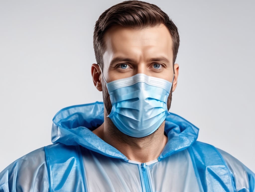 A realistic photo of a man wearing blue medical protective suit, disposable coveralls with breathable fabric, isolated, white background