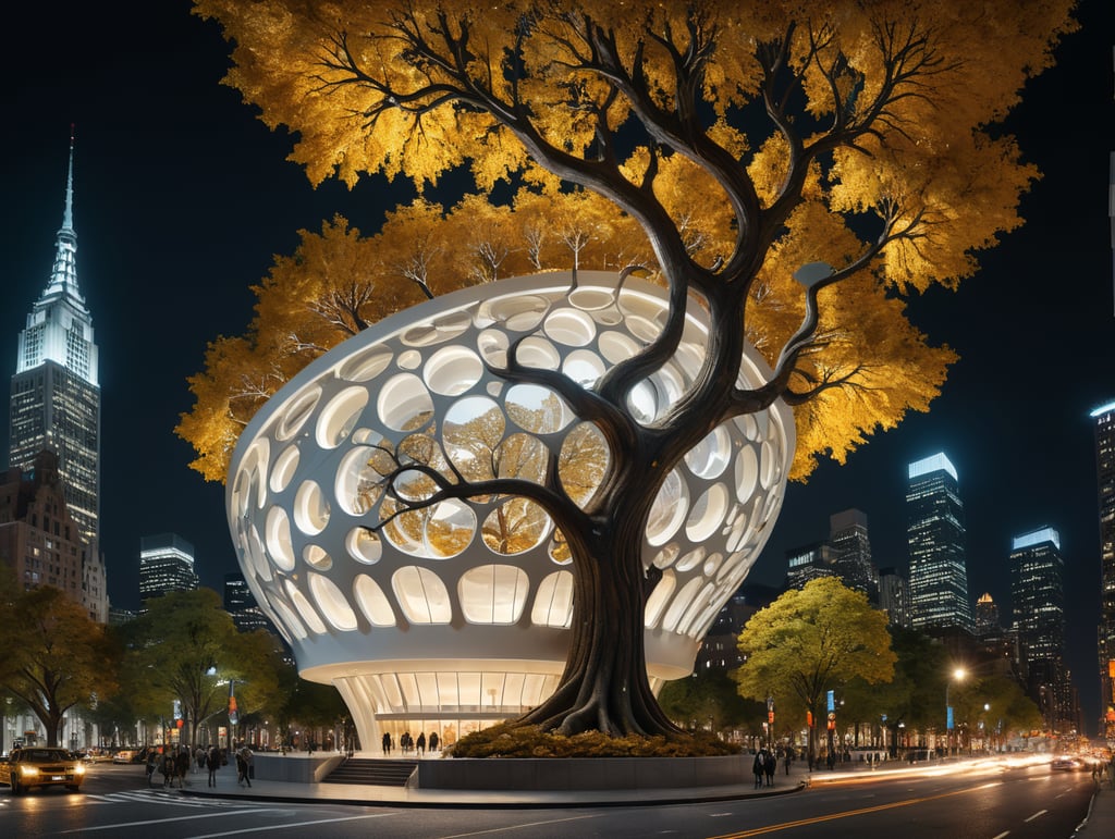 dream prompt: the craziest wide viewing angle and large view lens architectural modern style hyper realistic hyper detailed neocosmic exterior architecture design of a tree shape Fluid complex, gold geometric leaves spectrum, wood::1 white::3, Santiago Calatrava and Aaron Horkey architecture art styles, in new york city, soft ambient, night light, cinematic photo, natural lighting, camera nikon, 8k, --s1000 --style raw, you can imagine