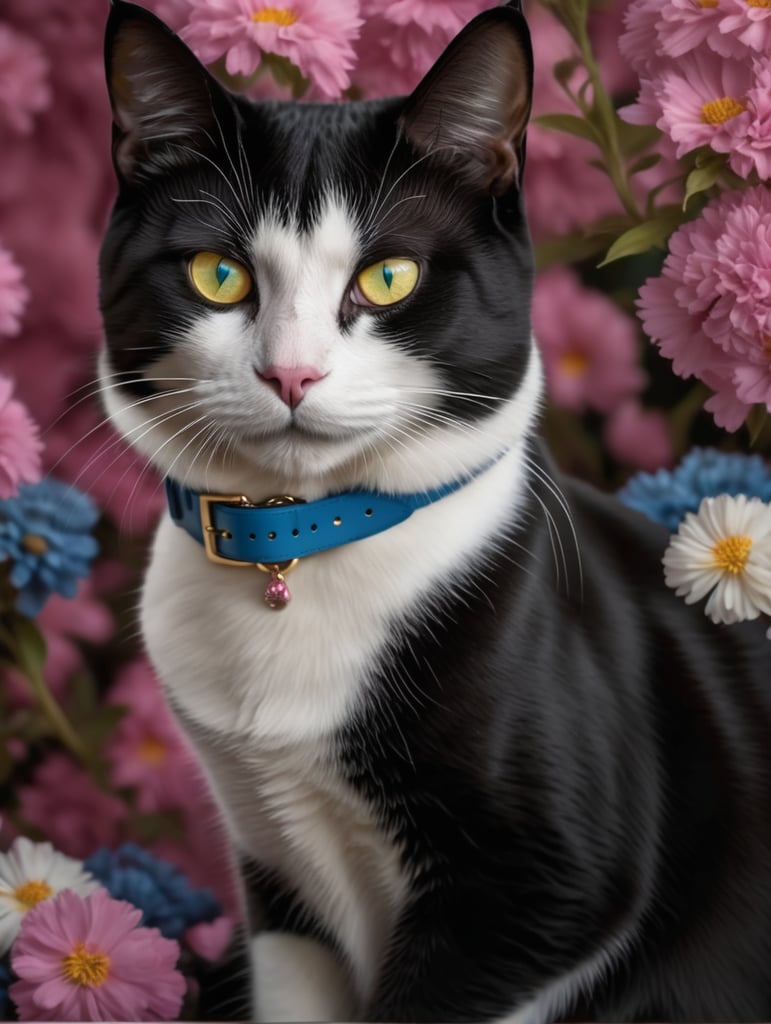 Balck and white male cat, yellow eyes, pink nose, blue belt, pink flowers background