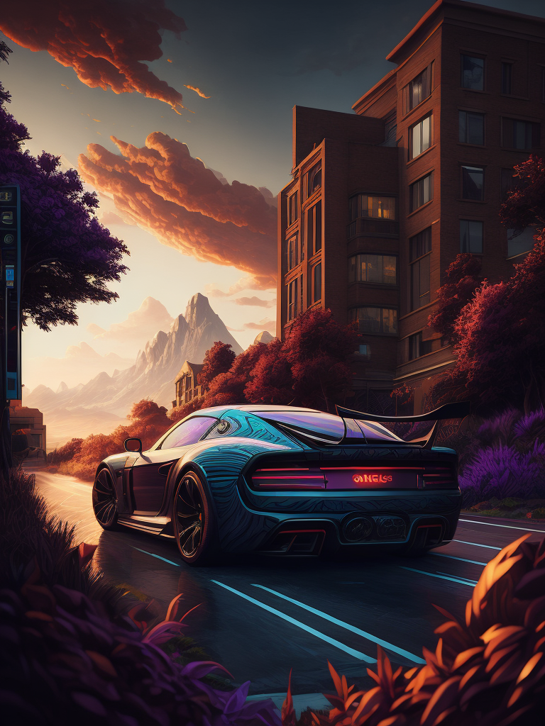Illustration of super cars by dan mumford, alien landscape and vegetation, epic scene, a lot of swirling clouds, high exposure, highly detailed, fantastical, vibrant purple tinted colors, uhd