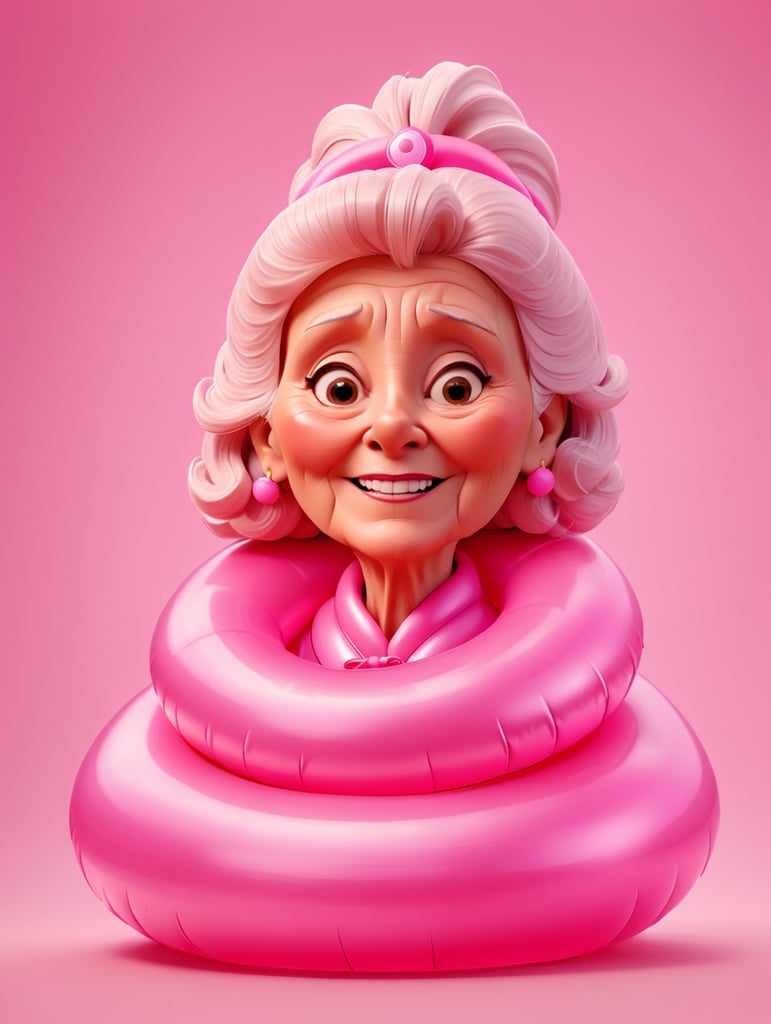 Pretty old women wearing a pink with a pink inflatable ring, isolated on a pink background