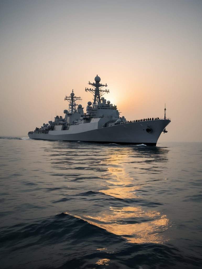 Sunrise in ocean with Indian navy