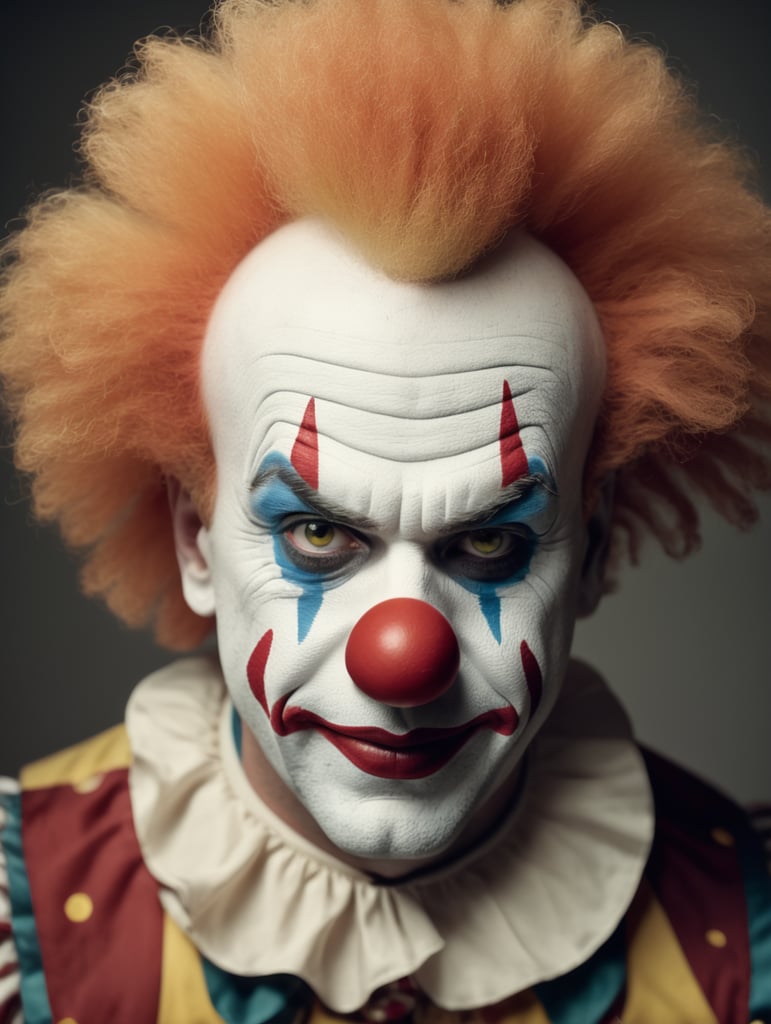 a clown looking into the camera