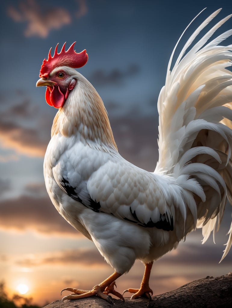 beautiful photorealistic rooster in white crowing in morning outside, beautiful morning sky