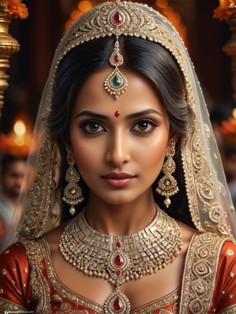 cute open hair Indian bride wearing diamond jewelry against a backdrop of traditional Indian wedding elements. Photoreal