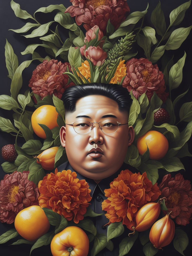 a painting of Kim Jong Un head surrounded by flowers and fruit, Painting, Oil, Still Life, Botanical, Italy, style of Giuseppe Arcimboldo