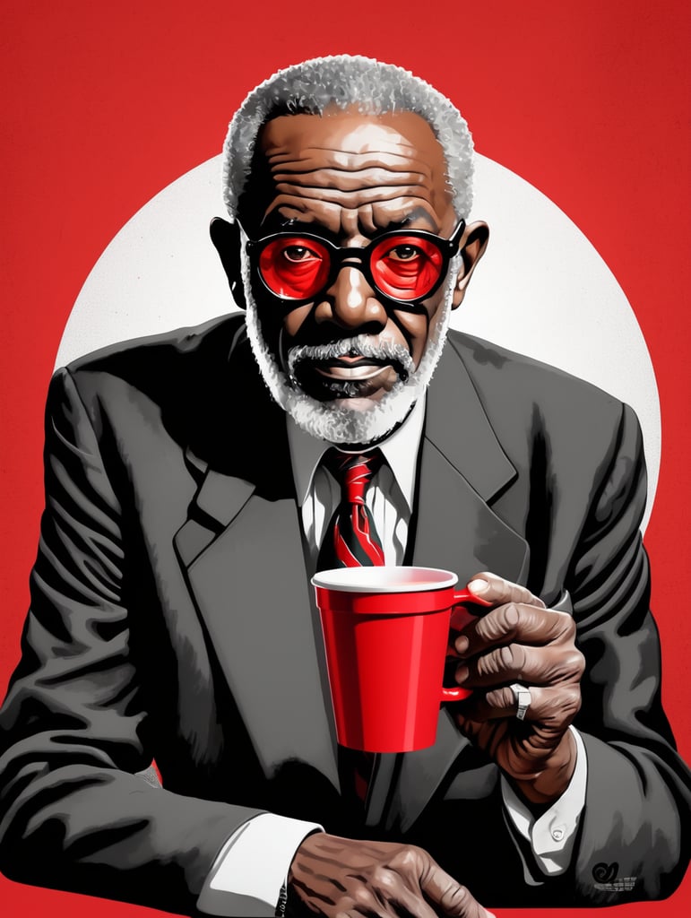 Miami black old man holding a red cup eye-catching poster-style drawing and illustration representing the iconic pulp style.