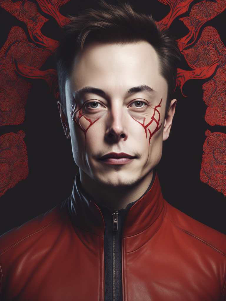 Elon Musk's head dressed as the devil drawn by Alex Gross, isolated artwork on white background