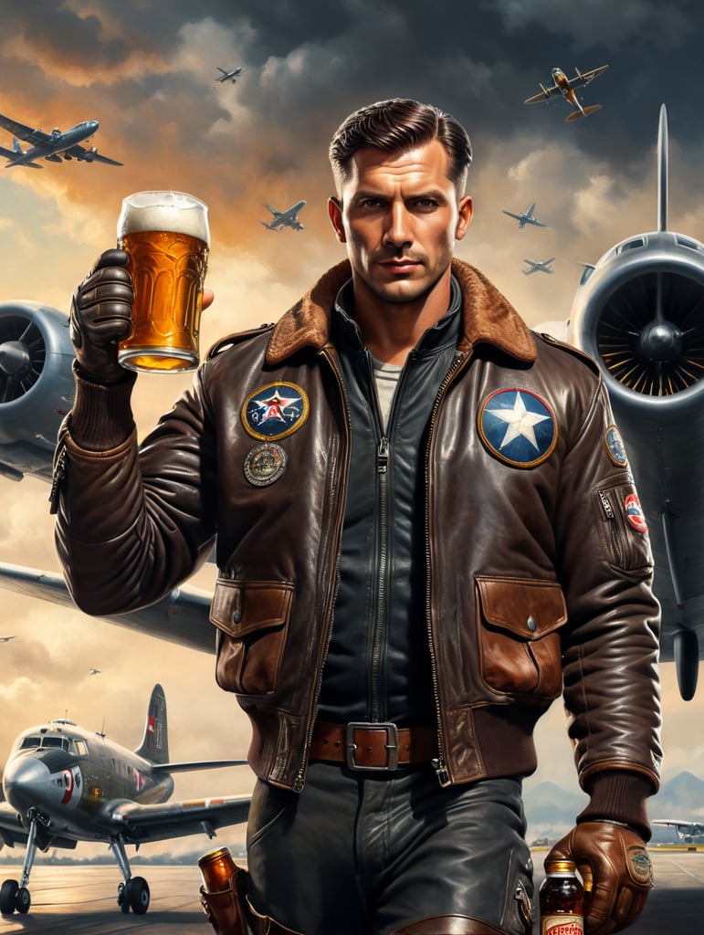 vintage poster, a pilot dressed in a flying bomber leather jacket holds a mug of beer in his hands, in the background a plane