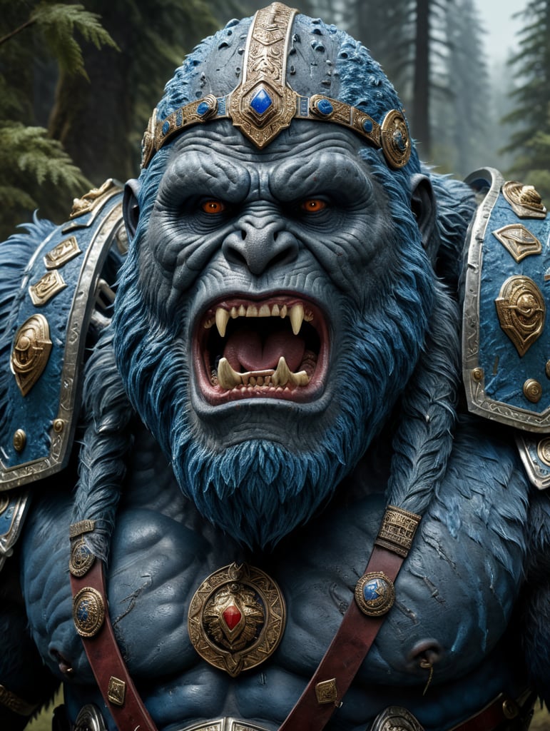 blue sasquatch with no mouth or nose, wearing a Roman legionnaires costume