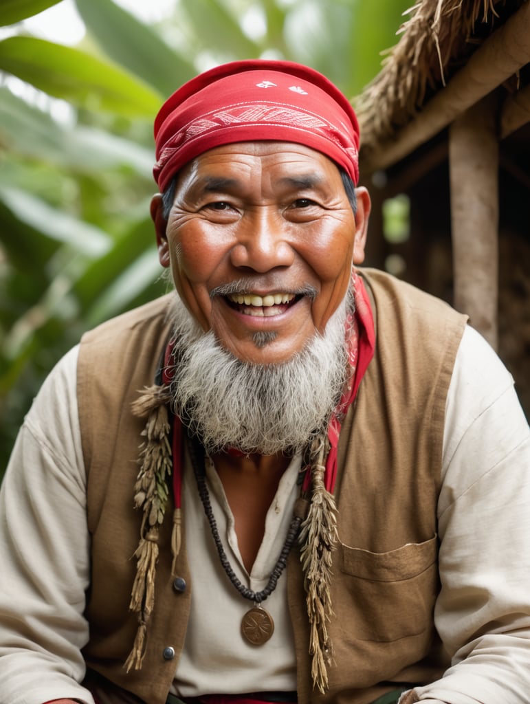 old male chubby filipino healer with red bandana. front faced, full body. thick eyebrows. brown skin. wearing an amulet. looks like a seller of healing oil and herbal leaves. inside a bahay kubo. cheerful personality