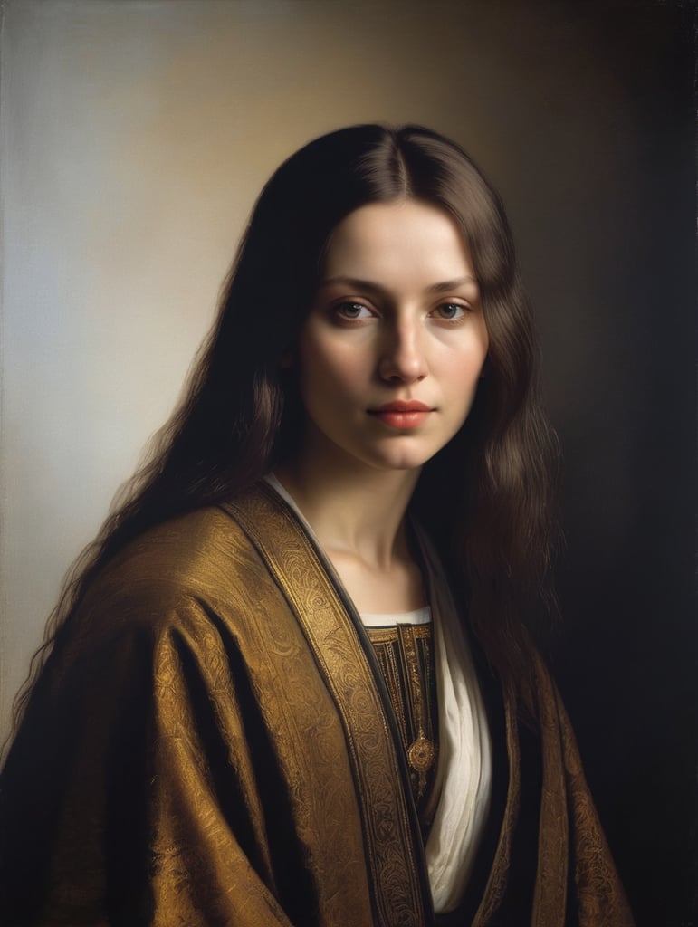 A masterpiece portrait by Rembrandt Van Rijn of a beautiful saint woman, straight hair