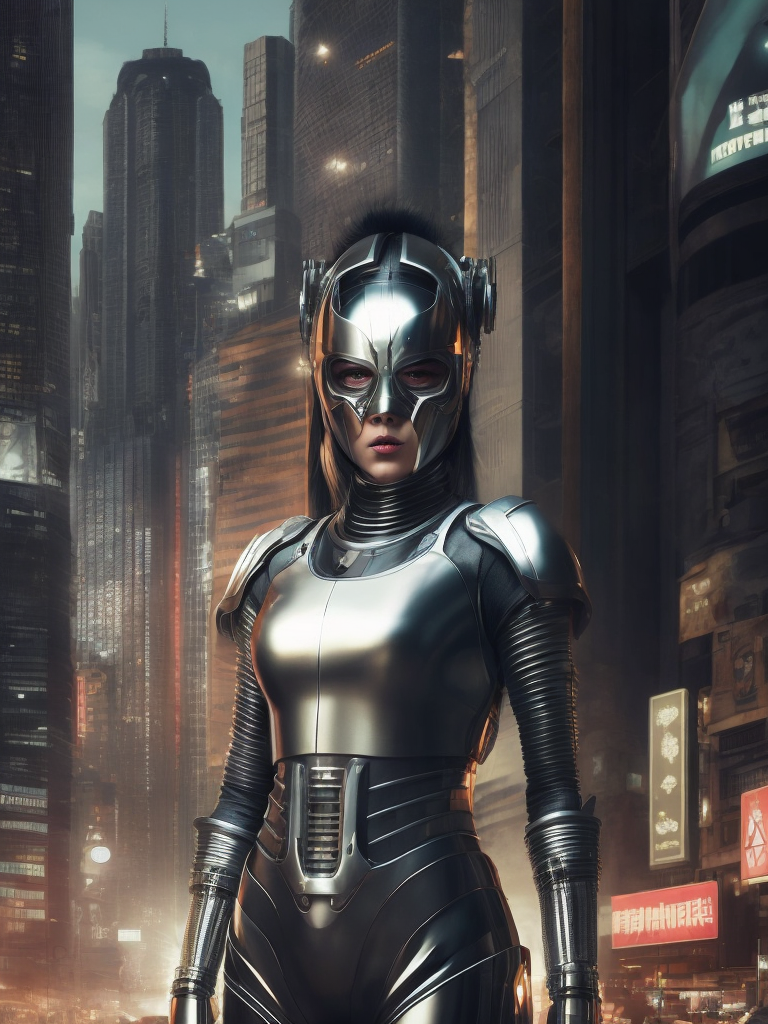 girl dressed in chrome mask and realistic cyberpunk outfit, the mask is metallic, a bit robotic, vintage medium shot 1920's poster with corean ethnicity, with background of futuristic style buildings and futuristic rockets, a little geisha, with a chrome, metallic color mask
