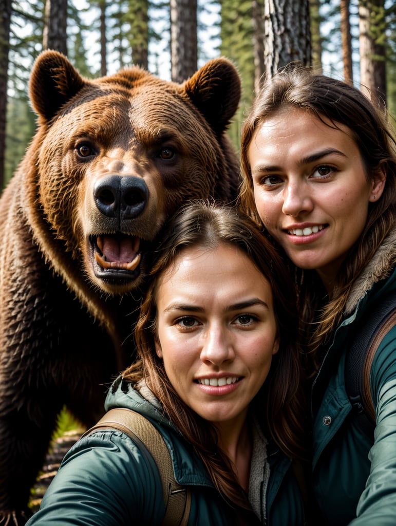 a young women adventurer makes selfie with angry grizzly bear in Canada, British Columbia, forest location