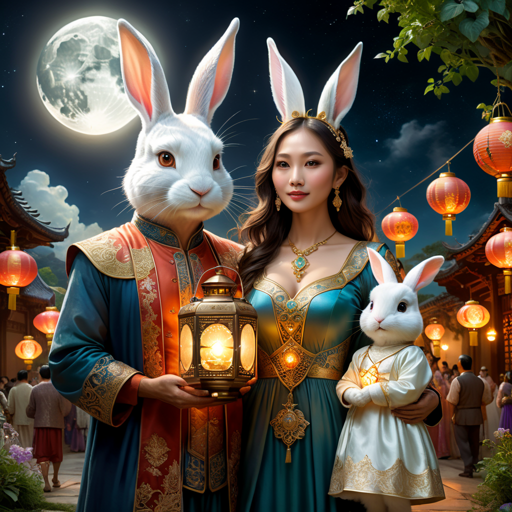 “Visualize a celestial family living in a magical realm, lit by the ever-present glow of a majestic moon. Picture a human mother, ethereal and radiant, standing beside her enchanted rabbit partner, both adorned in cosmic garments. They are the proud parents of their unique half-breed children, who combine human heads with rabbit ears and have bodies that are a harmonious blend of both parents. Set this magical family against the backdrop of an illuminating moon, surrounded by fantastical elements like floating lanterns, twinkling stars, and mystical flora. Capture the joy and love on the faces of each family member as they celebrate a special festival of their own. For visual cues: Human Mother: Elegant and radiant, perhaps holding a magical artifact. Rabbit Father: Standing upright, human-size clad in cosmic attire, holding a lantern imbued with moonlight. Children: A delightful blend of their parents, featuring human faces with rabbit ears, rabbit nose and hybrid bodies.