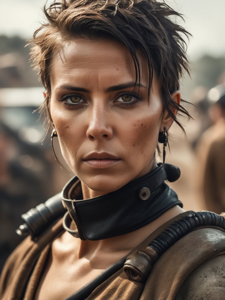 create an image where the protagonist is a woman, a dystopian theme in the style of mad max, with wes anderson as a reference.