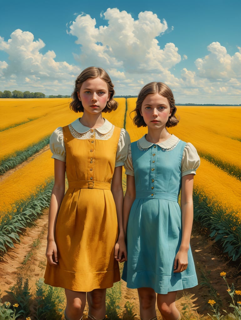 Vintage portrait of two girls wearing a simple dress in a yellow field, clear blue sky, complementary colors, Wes Anderson style, Incredibly high detail, Muted colors, turquoise color, orange color, red color