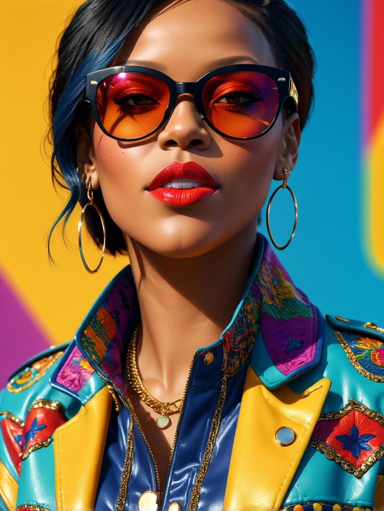 Rihanna wearing a brightly patterned jacket and wayfarer glasses, Vivid saturated colors, Contrast color