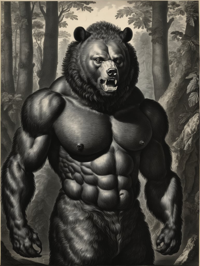 An old engraving by Hendrick Goltzius, a bear-like creature with the face of a black woman, full body portrait