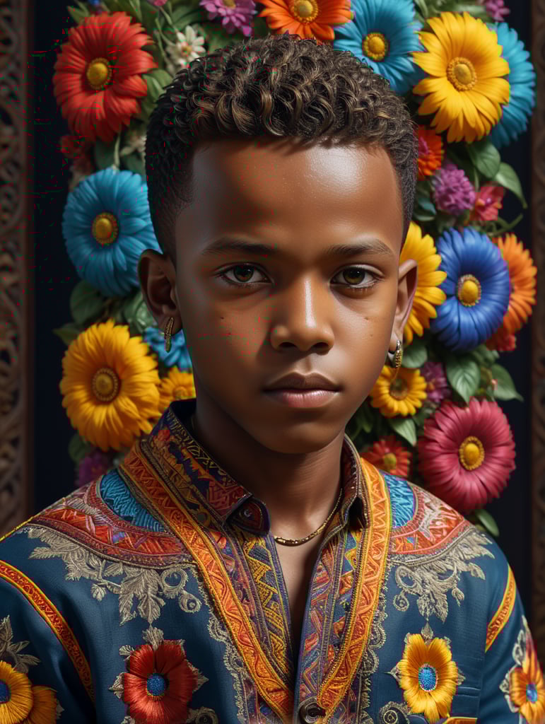 A young African boy stands proudly in his traditional embroidered shirt, surrounded by vibrant colors and intricate patterns. The 8K Ultra HD resolution captures every detail of his outfit, from the delicate stitching to the rich textures. With the use of octane render, this 3D image comes to life in a stunning isometric view.