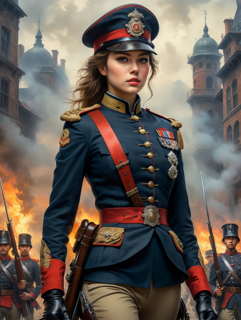 Young woman in Ungarish soldier uniform 19th century and pants