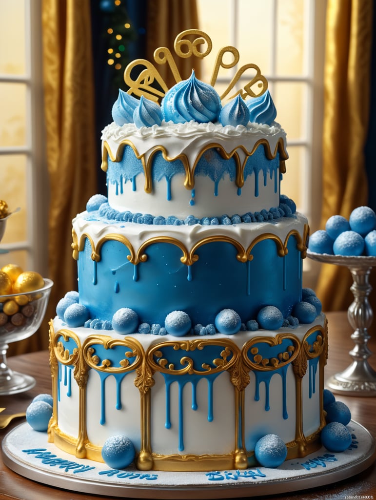 Generate a realistic double layer 3D white cake with blues icing sugar frosting at the tip of the cake's circumference. The cake should be placed on a white base with (HAPPY BIRTHDAY ABBY) WRITTEN with Golden colour the cake stand should be placed on a beautiful Golden decorated background with 23 of December written on it.