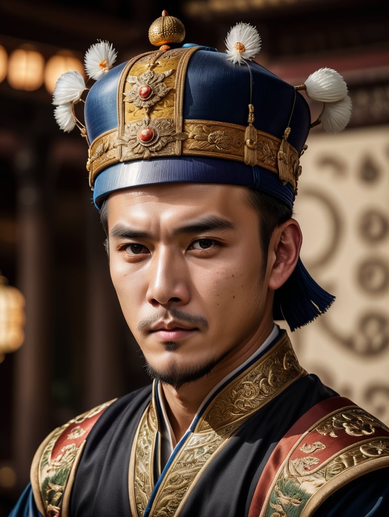 The emperor of the Ming Dynasty (face of a young man) has round eyes, legs crossed, and a Zhuang Yuan hat on his head