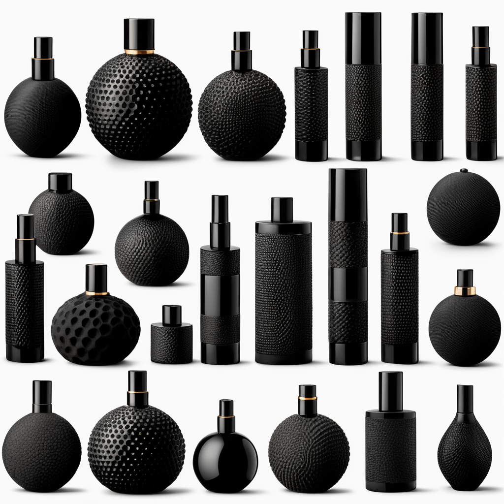 Botellas minimalistas de perfume altas y luxury de vidrio negro con texturas que generen tripofobia y etiquetas de colores vibrantes y muy minimalistas