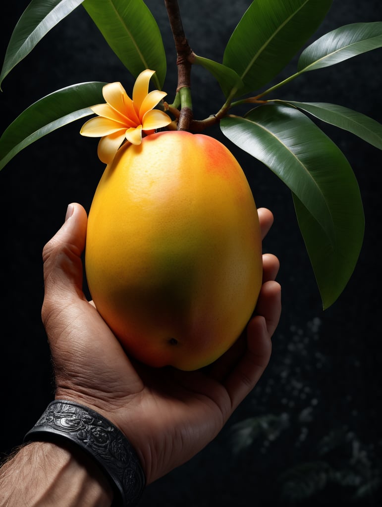 a hand holds a mango with a tropical flowers