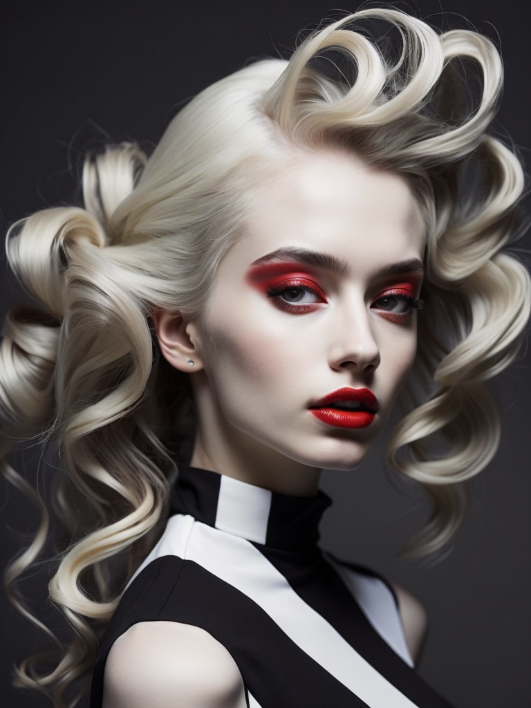 Pale-skinned girl model, wearing a black and white striped dress with a high collar, contrast lighting, Bright red make-up, Black and white curly long hair, dark background, fashion model, magazine cover, professional shot,