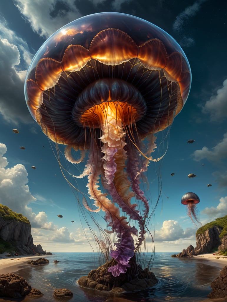 jelly fish in sky on top half, fish on land on the bottom