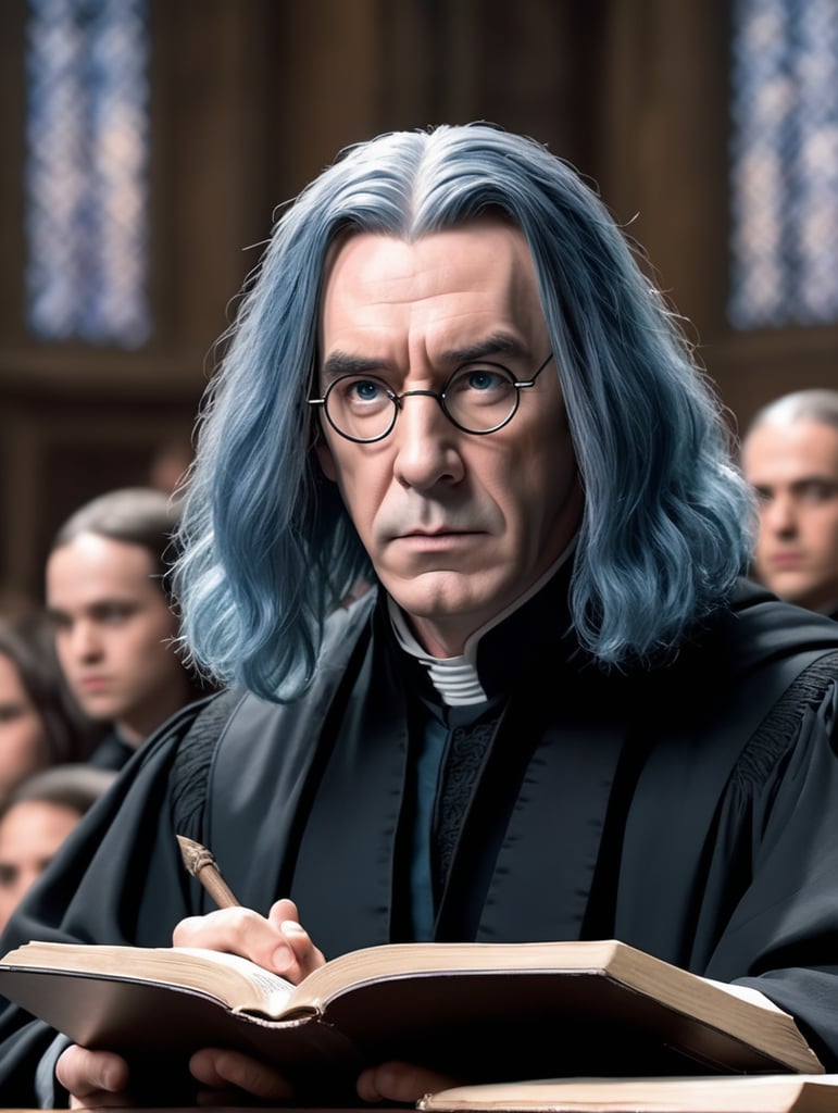 professor Snape from Harry Potter with blue hair, serious face teaching a lecture. He is wearing black robes.