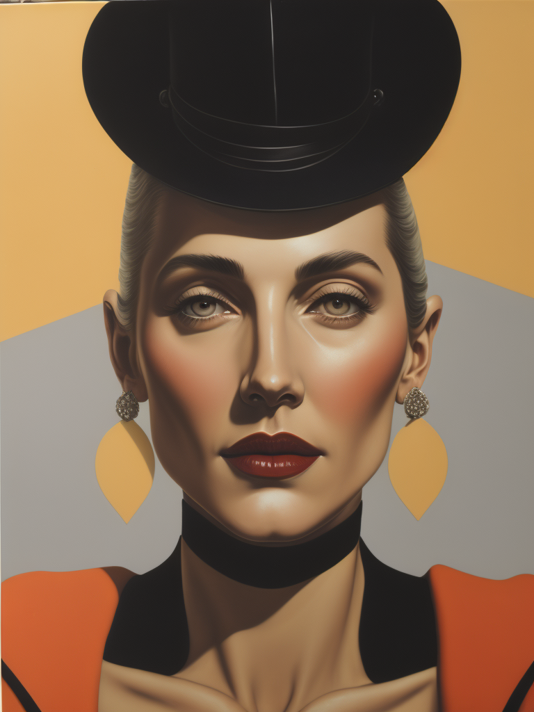 A painting of a very beautiful, middle aged woman in the art deco style of Tamara de Lempicka.