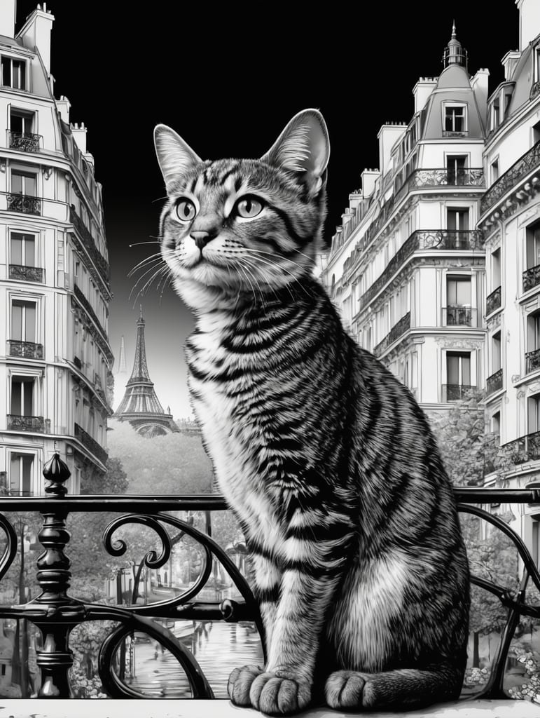 a cat in Paris black and white, illustration, monochrome for coloring book, in the style of simple line art vector comic art on white background