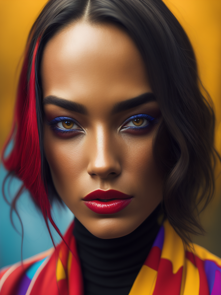 Portrait of Claire Forliani, bright and saturated colors, elegant, highly detailed, vogue, fashion magazine, sharp focus, bright expressive makeup, dramatic lighting, depth of field, incredibly high detailed, blurred background