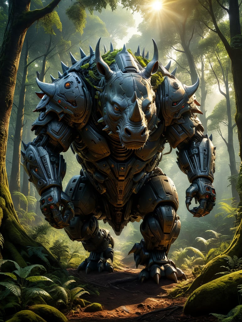 alien robotic RHINO, in a forest, beautiful, masterpiece, natural landscape, sun illuminating everything, sharp, realistic, detailed, centered, 16k
