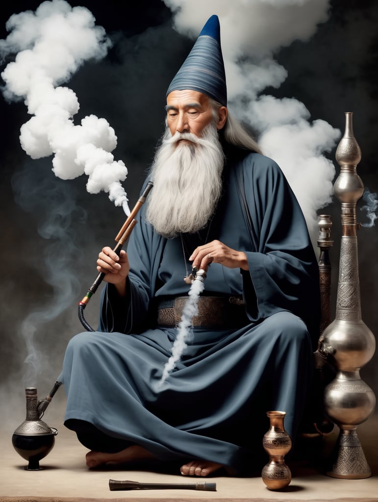 old wizard with a long beard sitting cross-legged, smoking a large hookah pipe with a huge cloud of smoke above him, style of Will Barnet