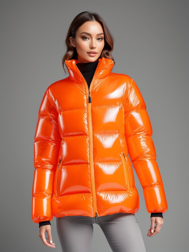 Inflatable vibrant orange minimalist women's puffer jacket, transparent, isolated, grey background, mockup