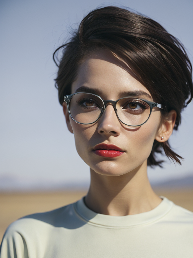Girl in her thirtieth. She has brown eyes and hair, black glasses and a red lipstick. She in in white longsleeve.